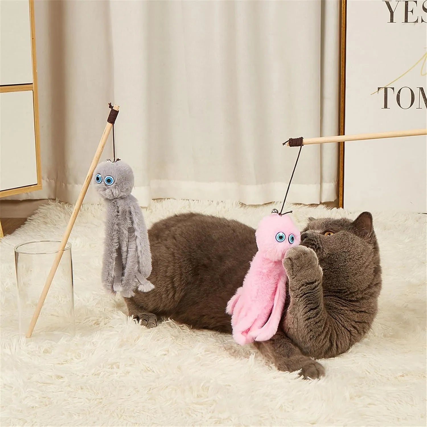 Octopus theme cat toy with long stick in bright colours for indoor kitten play