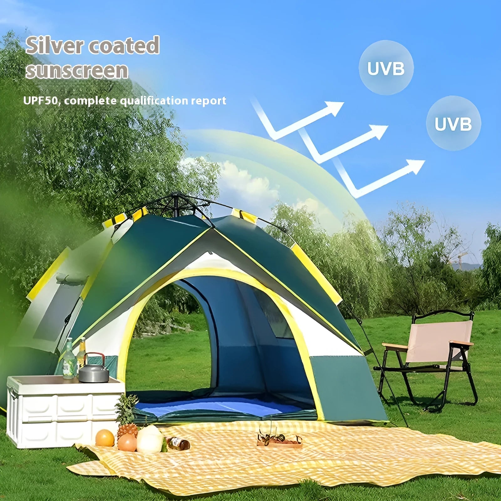 Dark green silver glue automatic quick-open camping tent for 3-4 people with storage bag and accessories