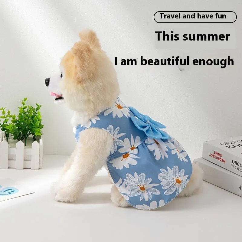 Ultra-thin polyester pet dress with floral butterfly knot and bow decoration for dogs and cats