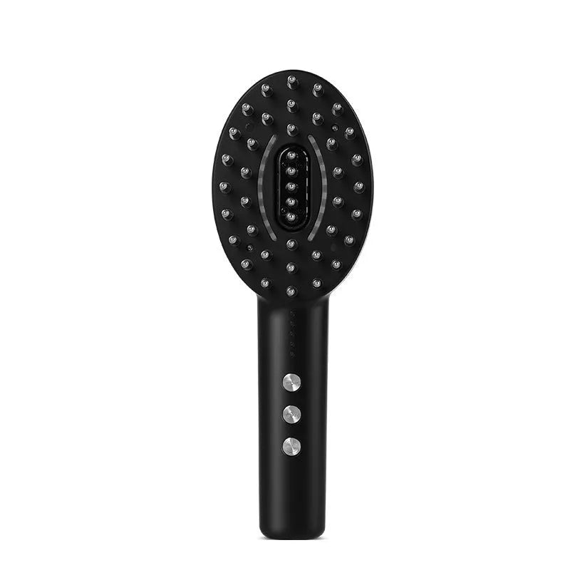 Black handheld scalp massage device with vibration settings and charging cable