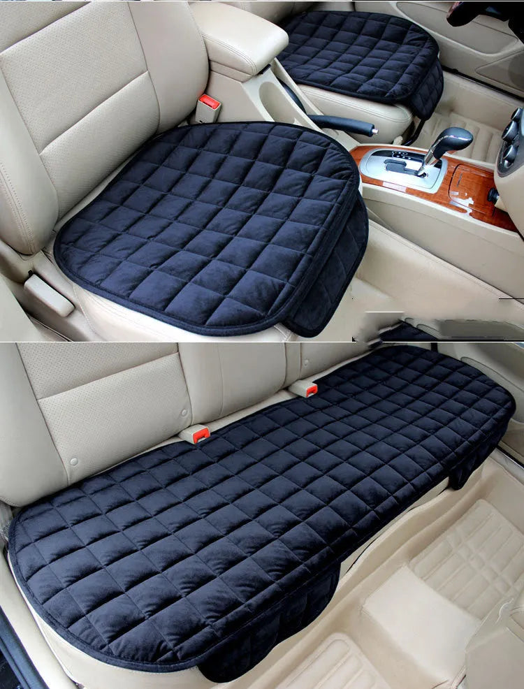 Checkered embroidered plush non-slip car seat cushion in beige with cotton fabric, three-piece set