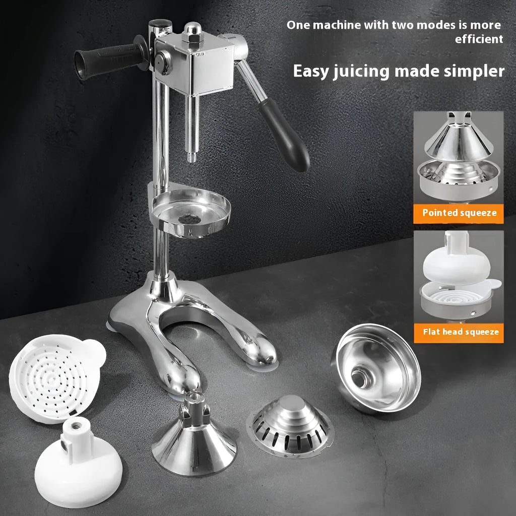 Stainless steel manual vertical citrus juicer on a kitchen counter, shown in a selected colour with a pointed tip head.