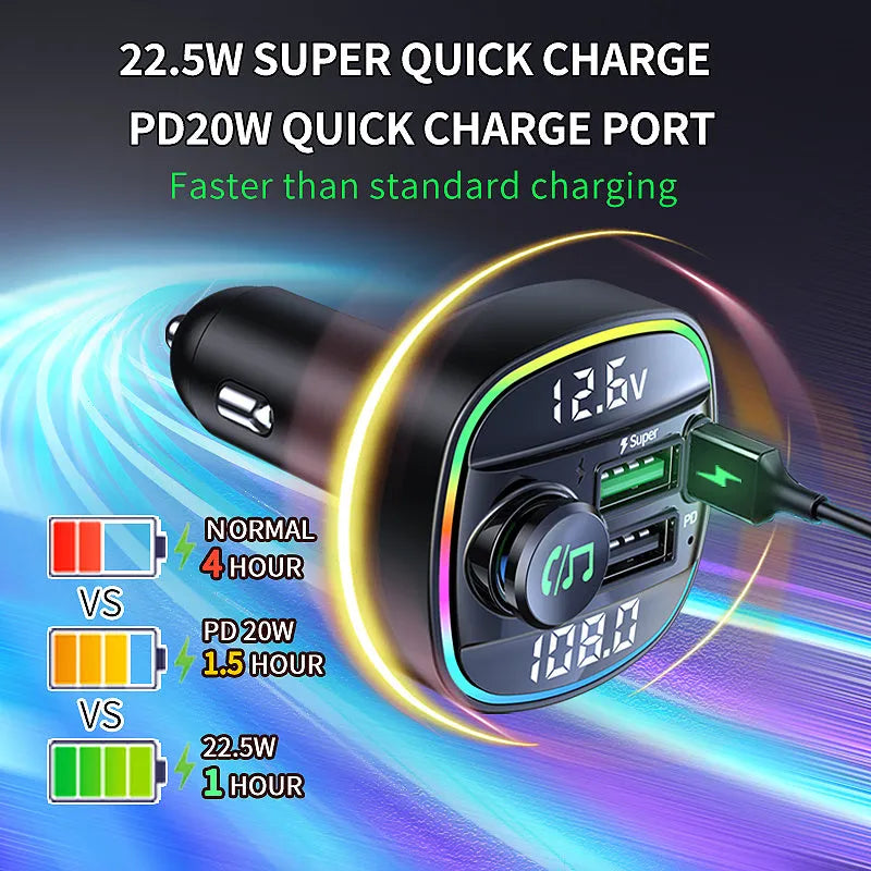 Bluetooth 5.0 FM transmitter with monochrome display and dual USB charging ports