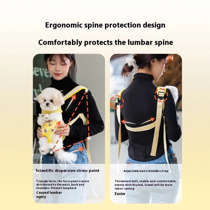 A cartoon-patterned canvas chest bag for pets with adjustable ribbon straps, shown in the Beka Yellow Bear design.