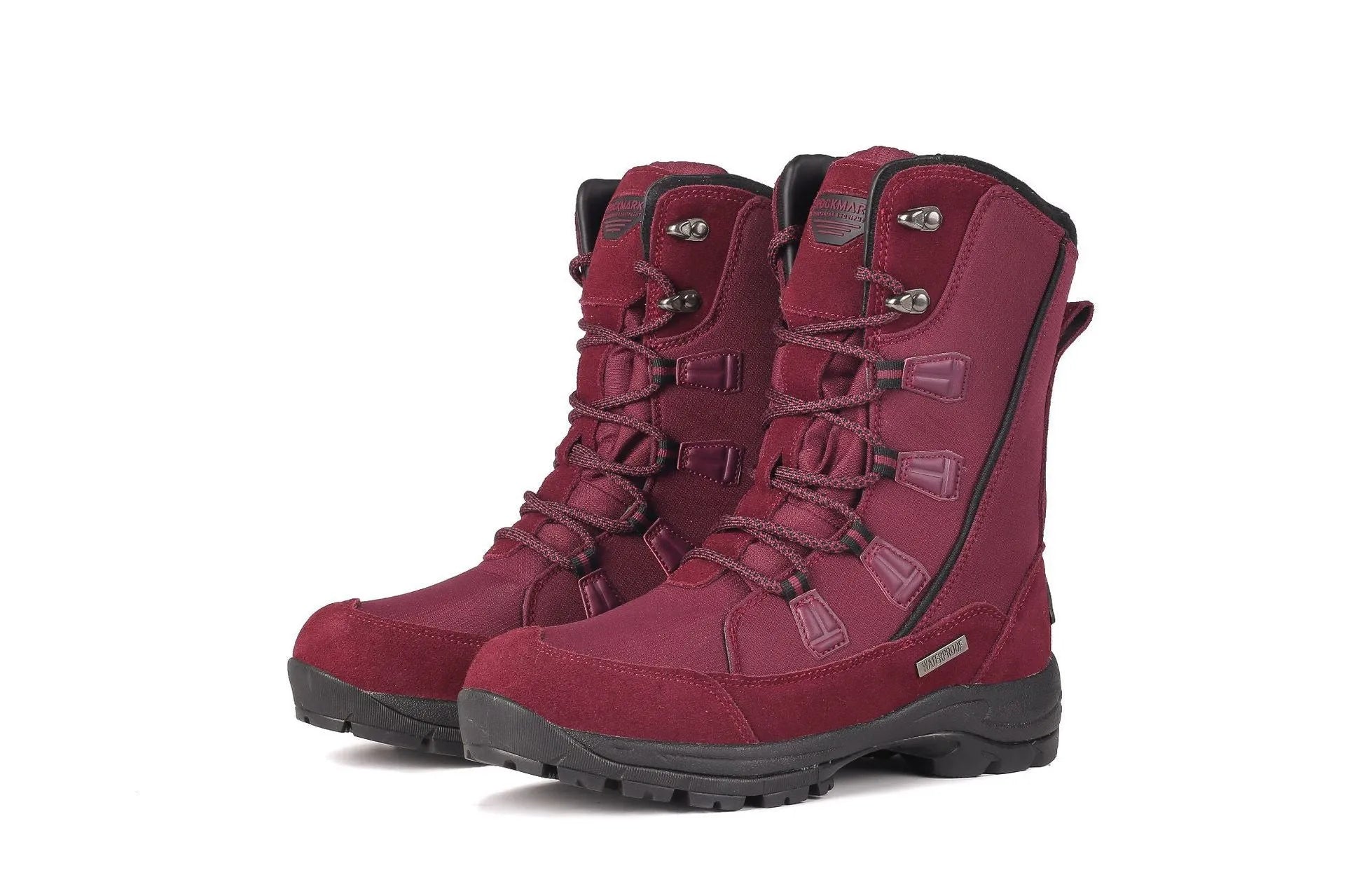 Women's black genuine leather mid-calf thermal snow boots with a round toe and rubber sole.