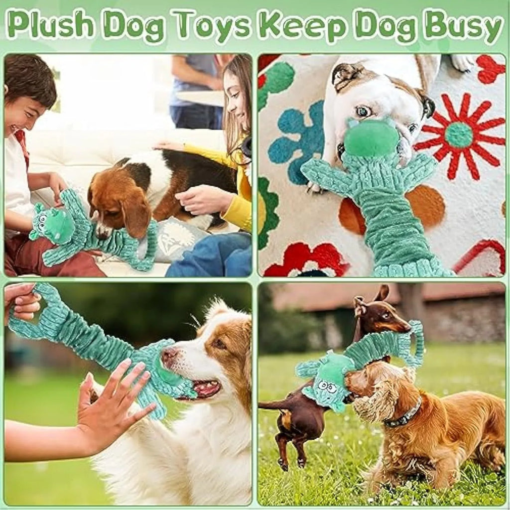 Large plush squeaky dog toy with handle, shown in hippo and monkey designs