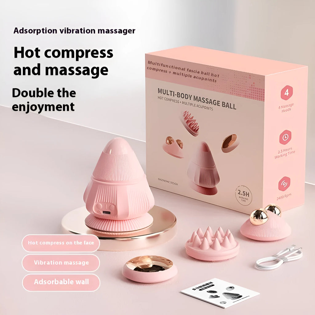 Rechargeable pink silicone multi-head neck massager in gift box with hot compress function