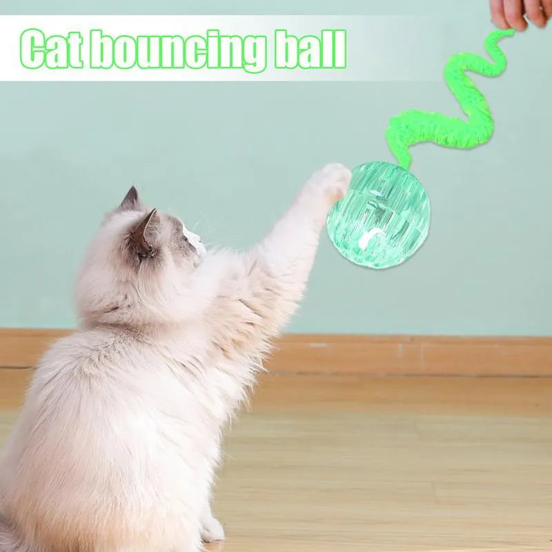 Interactive cat ball toy with bouncy ball and worm-like tail for indoor cats