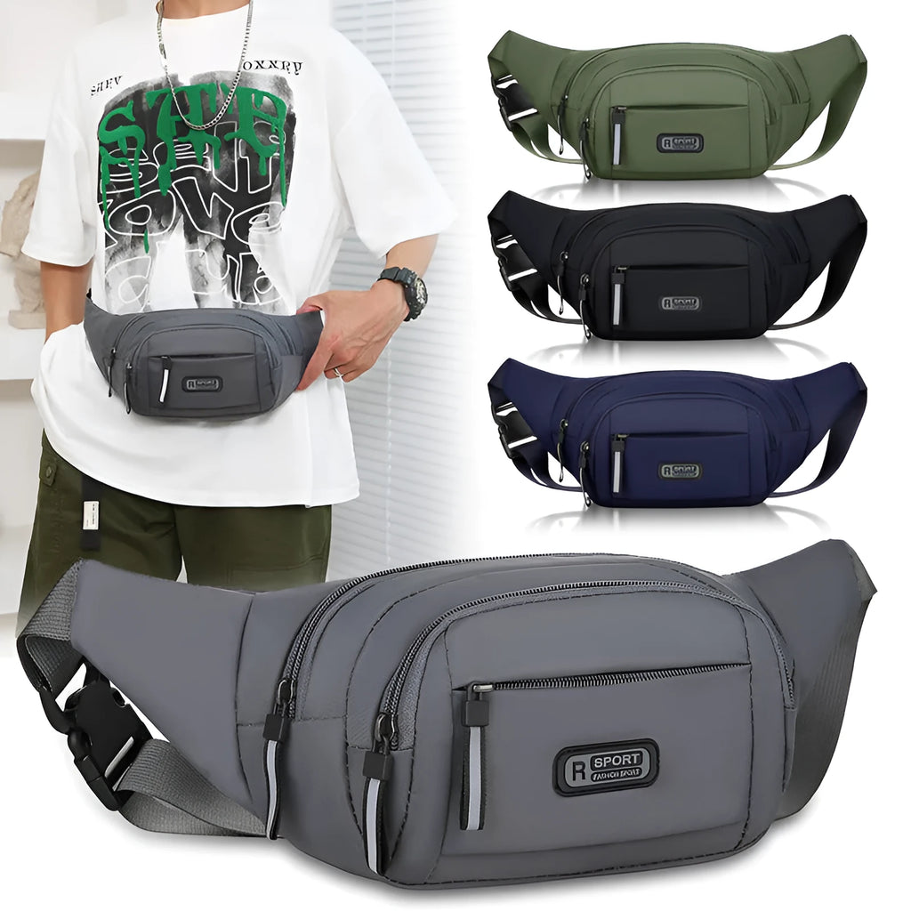Men's nylon waterproof waist bag in black with a 40cm width for crossbody carry