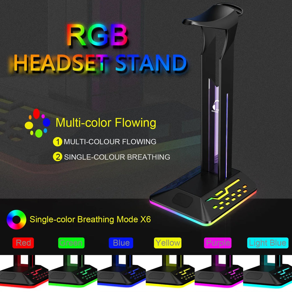 RGB headphone stand with glowing colour-changing lights and two USB ports, holding a gaming headset.