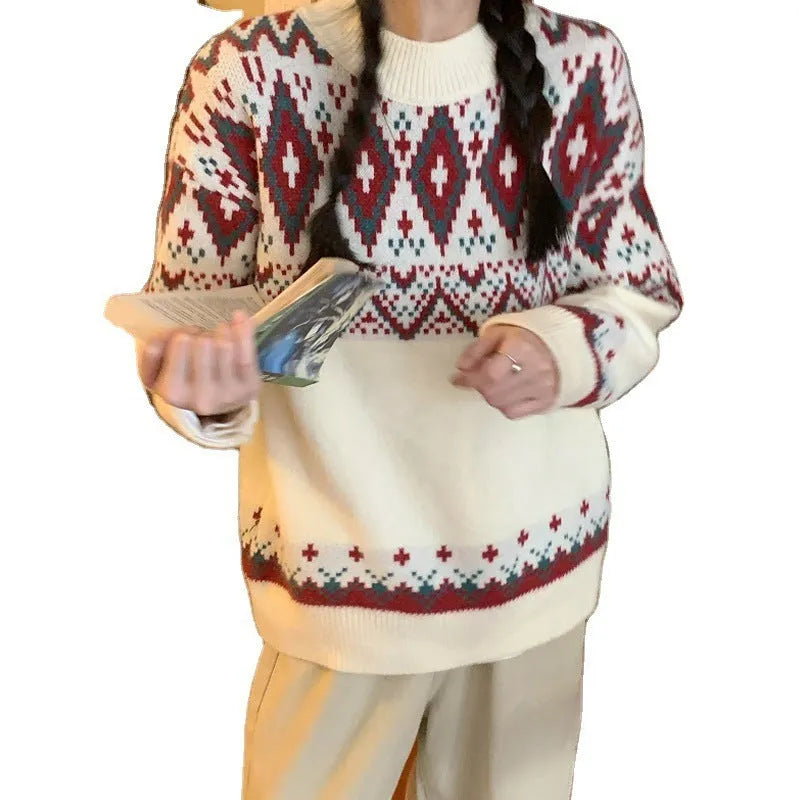 Striped retro style pullover knitted top with long sleeves in red colour