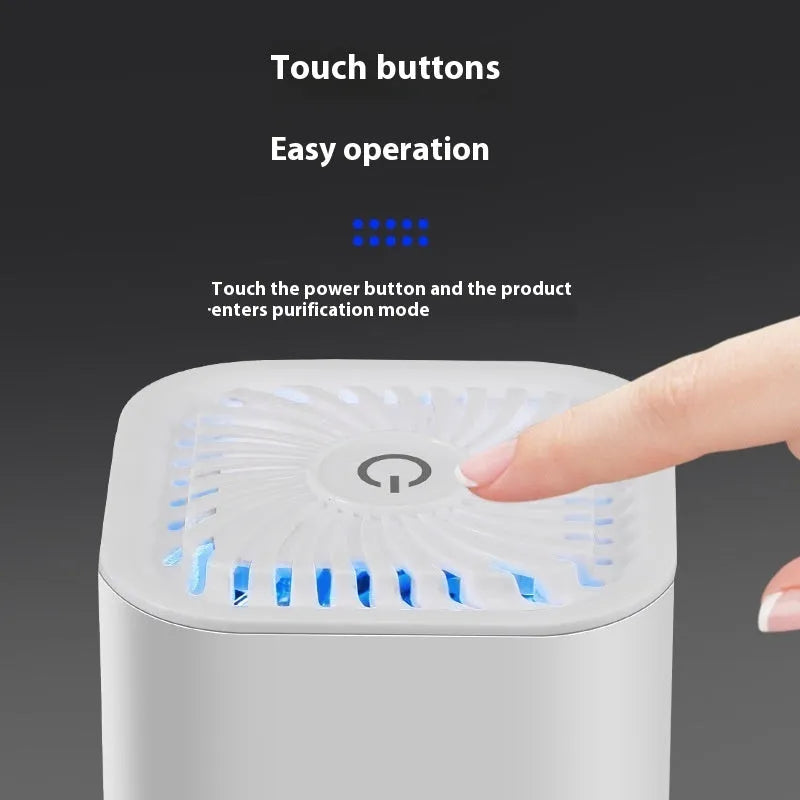Mini USB-powered car air purifier in black and white colour options for removing smoke and dust in small spaces.
