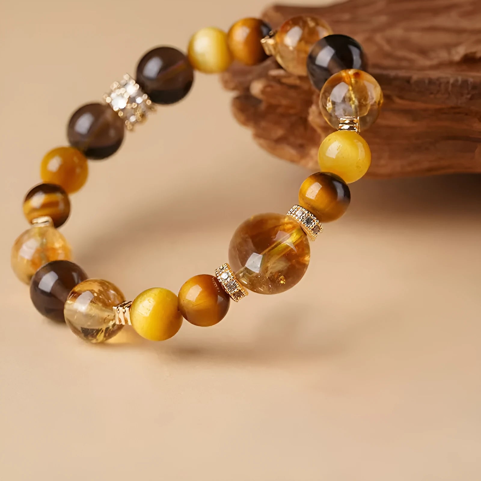 Lucky Jinba chunky yellow tiger-eye crystal bracelet with geometric beads in unisex design