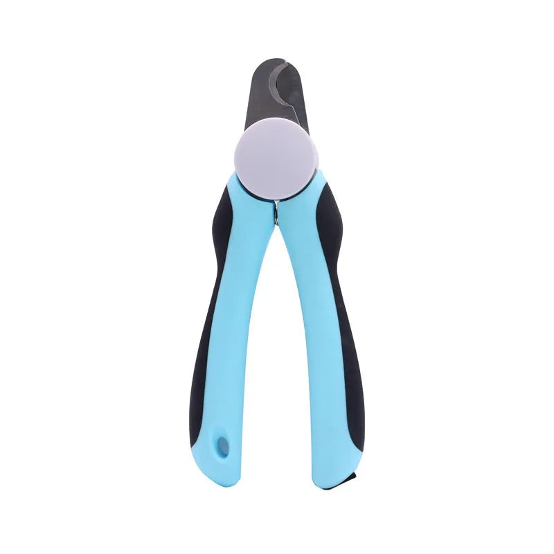 Blue heavy-duty dog nail clippers with safety guard for large breeds, shown with size scale.