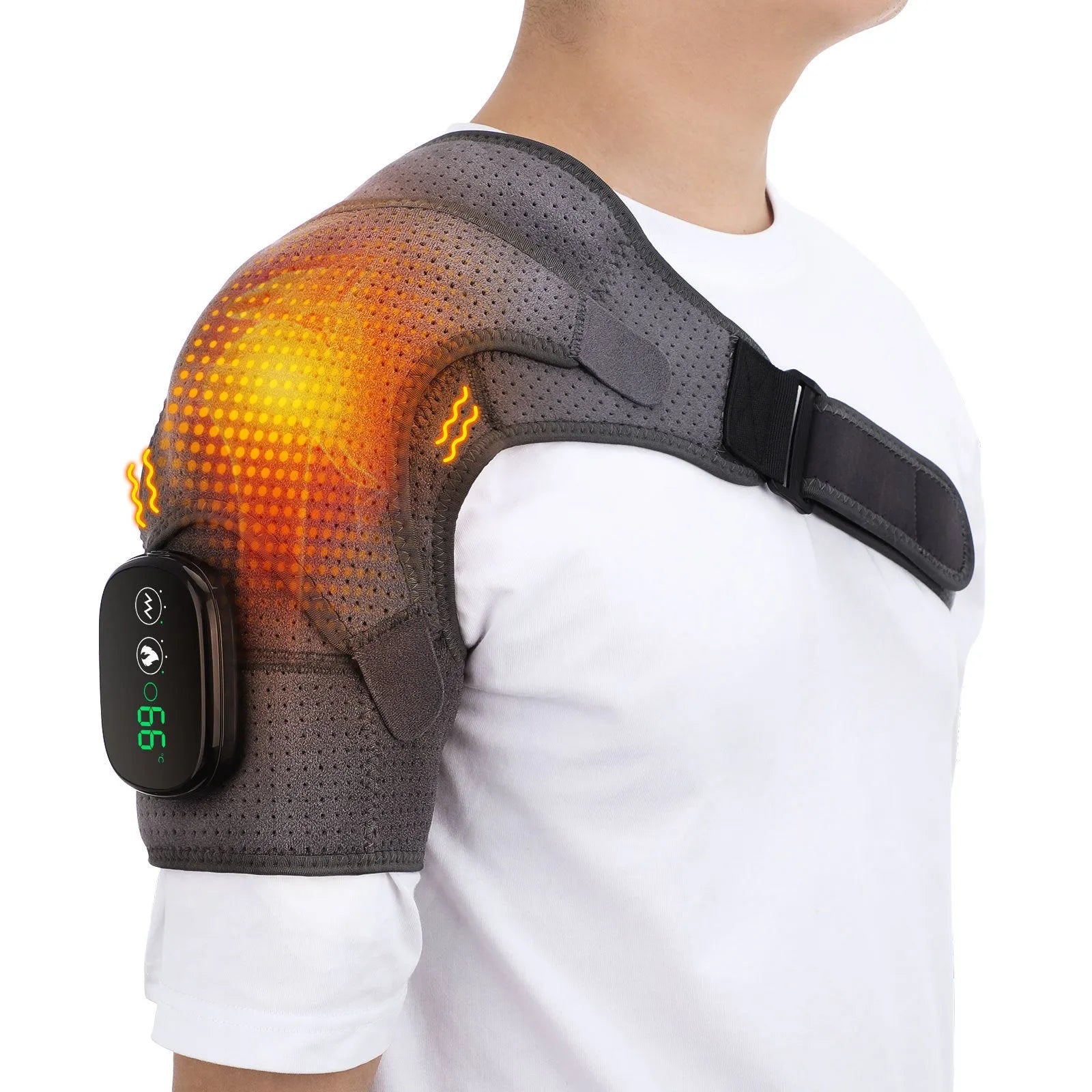 USB rechargeable electric heating shoulder pad in pure gray with adjustable long strap and short bandage
