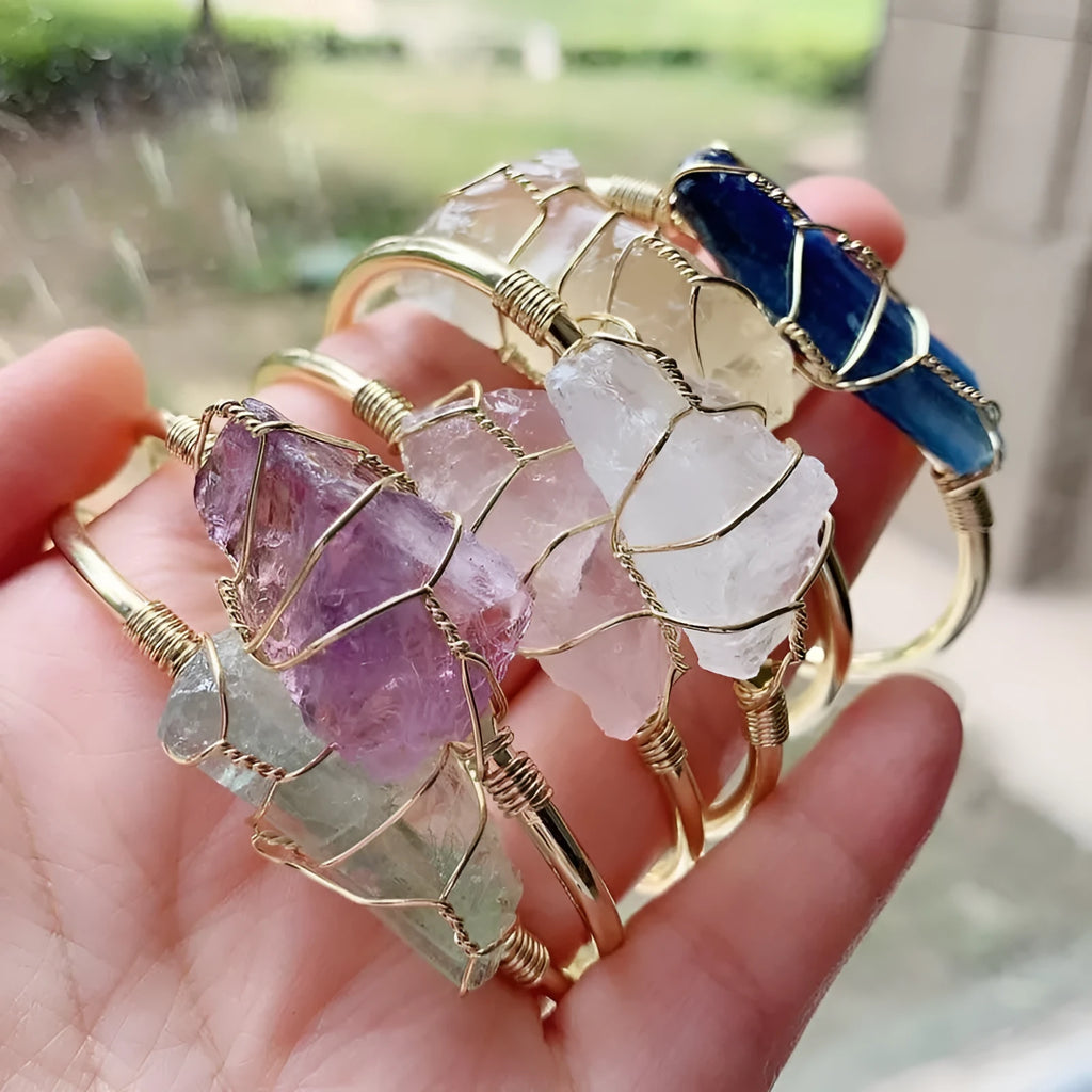 Natural crystal rough stone bracelet with gold winding geometric design in bohemian ethnic style