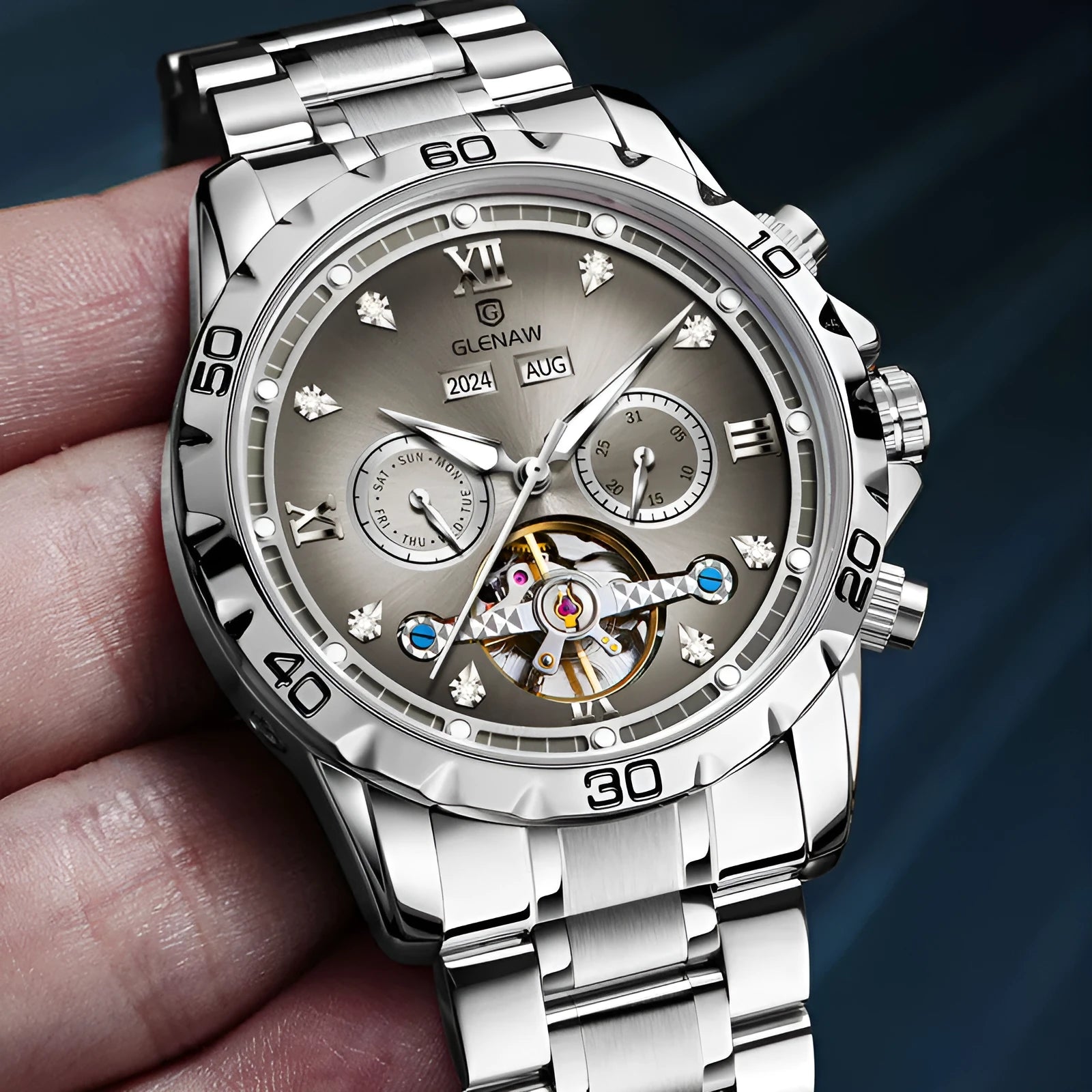 Men's automatic mechanical watch with stainless steel strap and metal case in business style