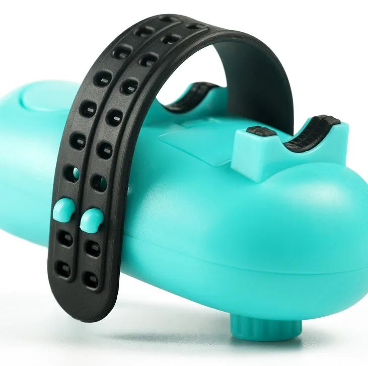 Blue electronic fishing bite alarm with LED light and buzzer attached to a fishing rod