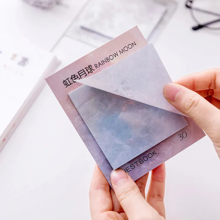 Square planet-themed sticky note pad with oil painting designs of Earth, Mars, and moons