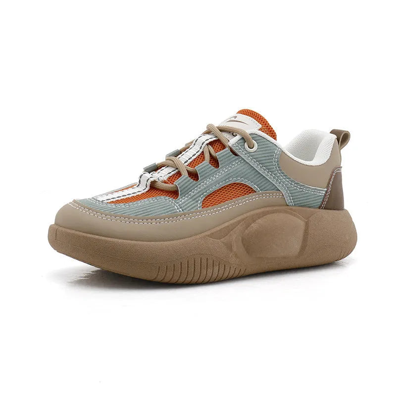 Women's platform board shoes in beige green, front lace-up with round toe and solid colour artificial PU upper