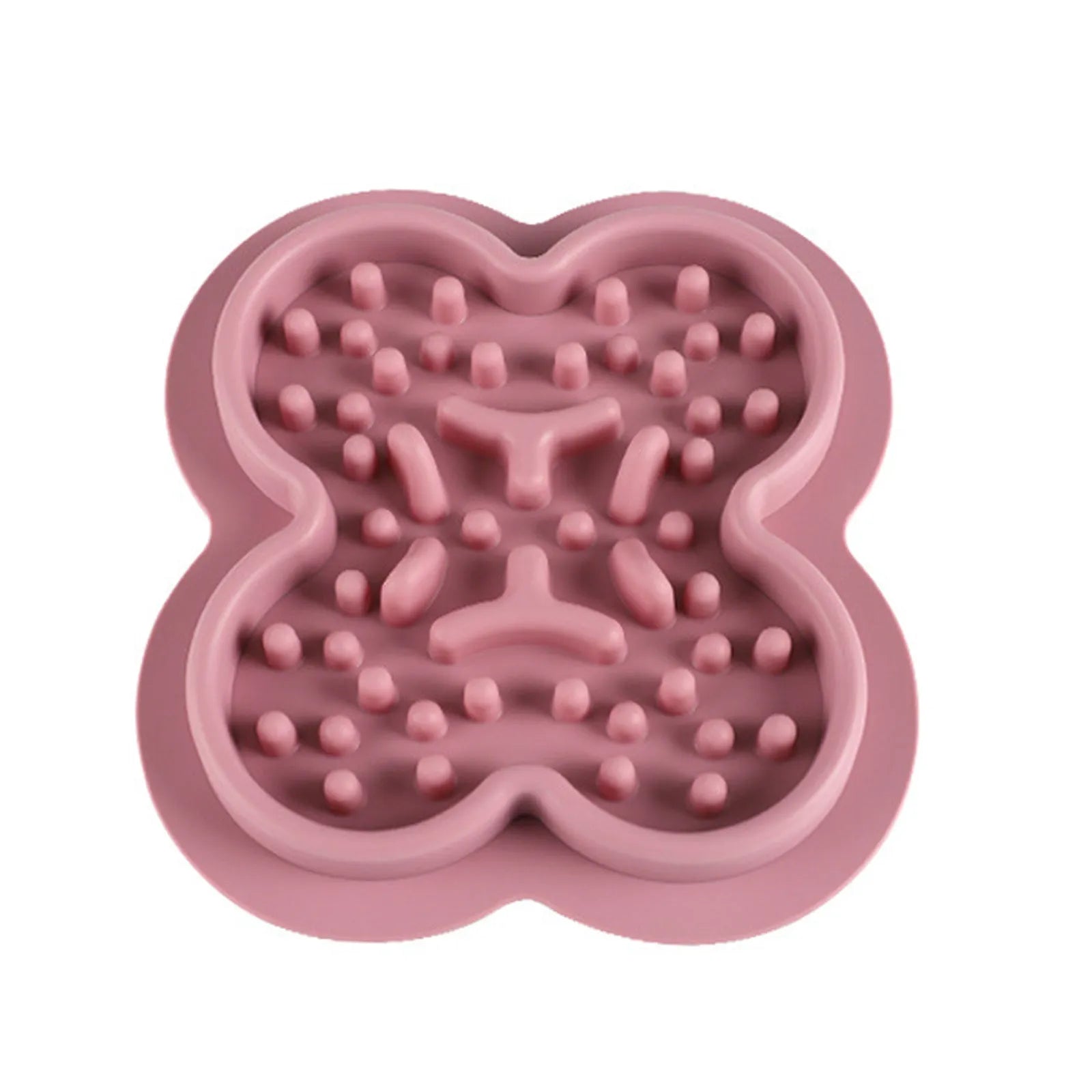 Silicone pet licking pad slow feeder mat in assorted colours on a floor