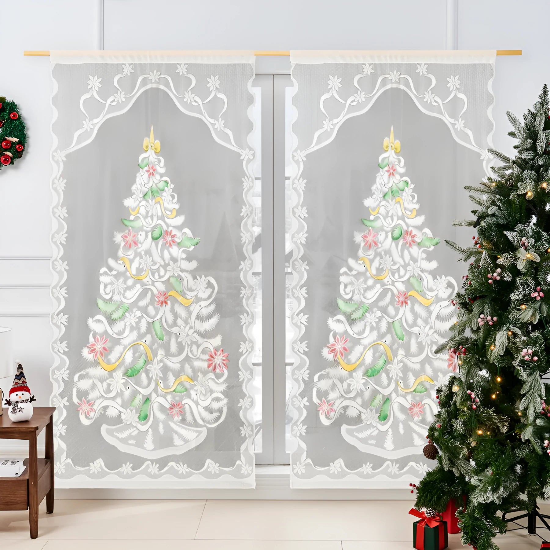 Christmas curtain decoration with high sunshade, 100x200cm polyester panel, Nordic style, featuring Santa Claus design on a white background