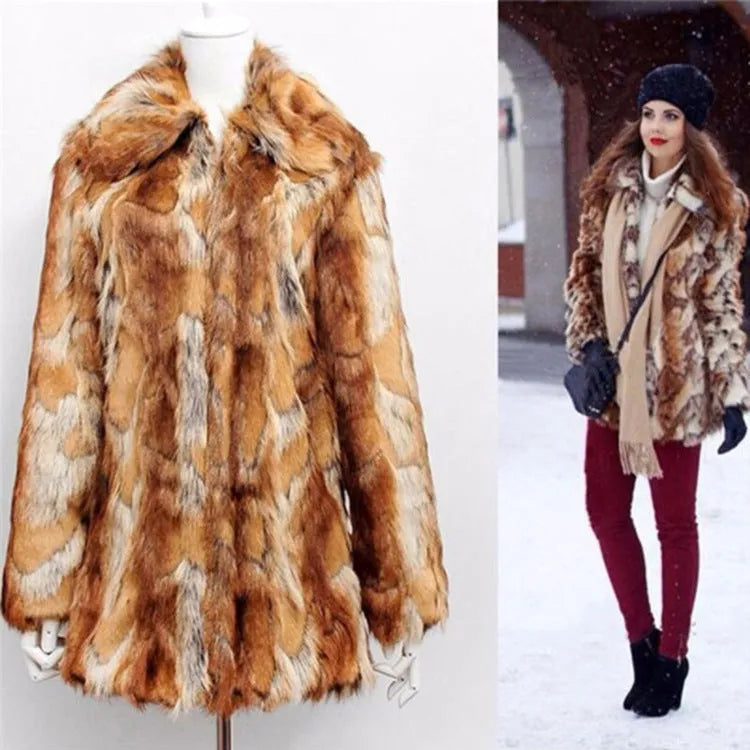 Women's tiger print faux fur jacket with regular long sleeves and medium 65cm length