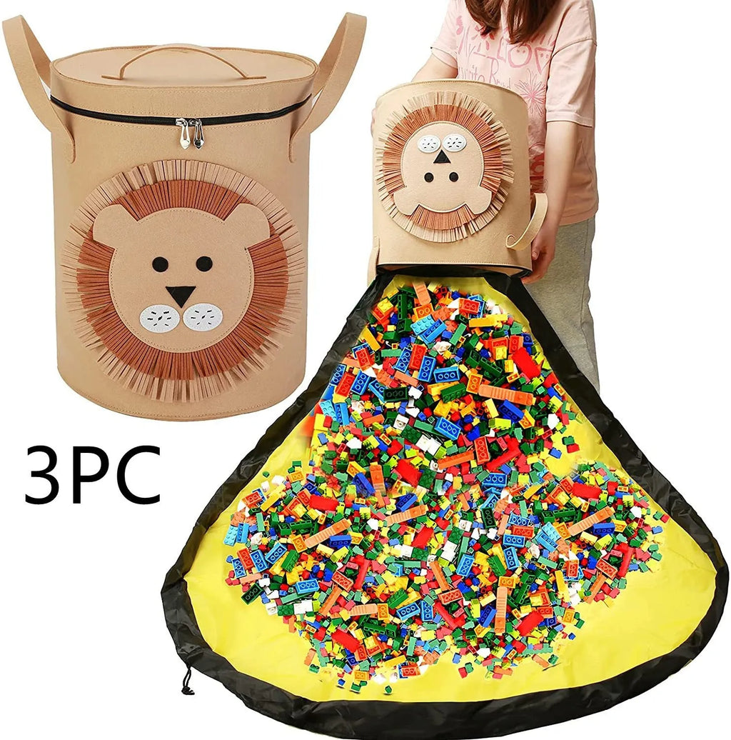 Green felt cube storage bag with pull rope closure opened as play mat
