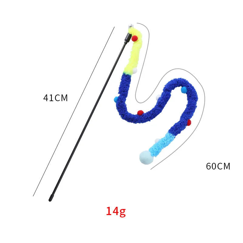Interactive cat wand toy with colourful plush strip and bell attachment for indoor play