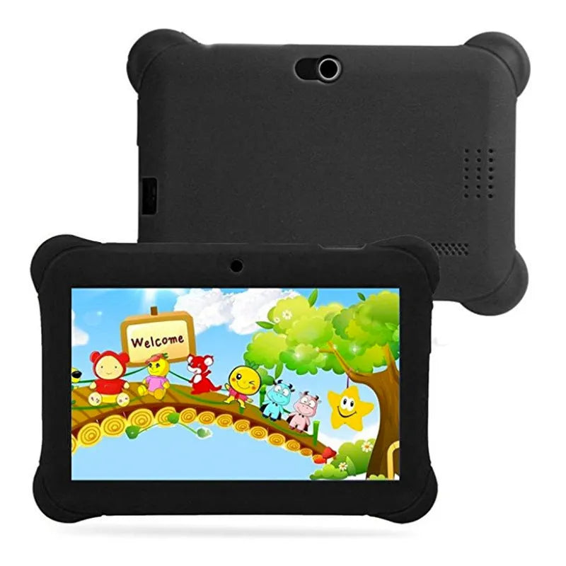 Children's tablet with 7-inch capacitive touch screen in black, showing front view with home button