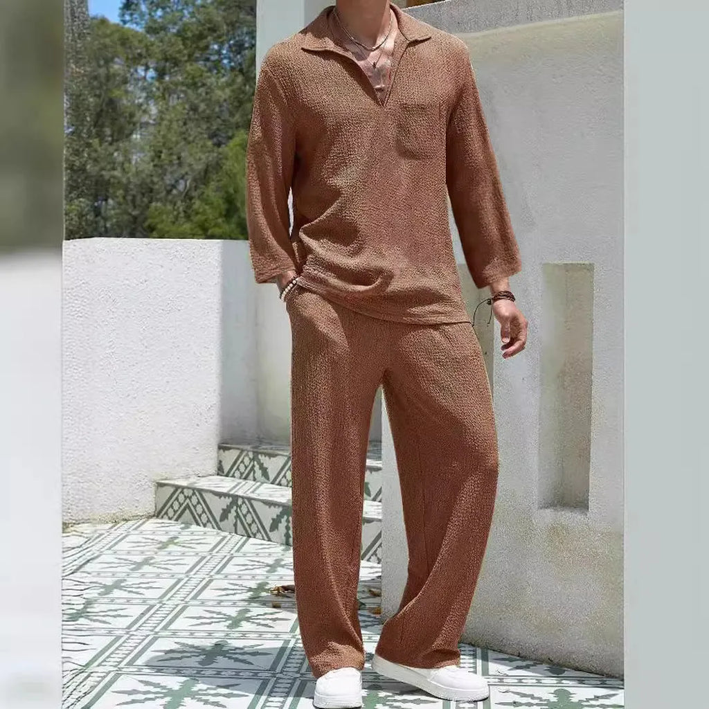 Men's casual shirt and trousers suit set in four colour options: lake blue, khaki, black, caramel.