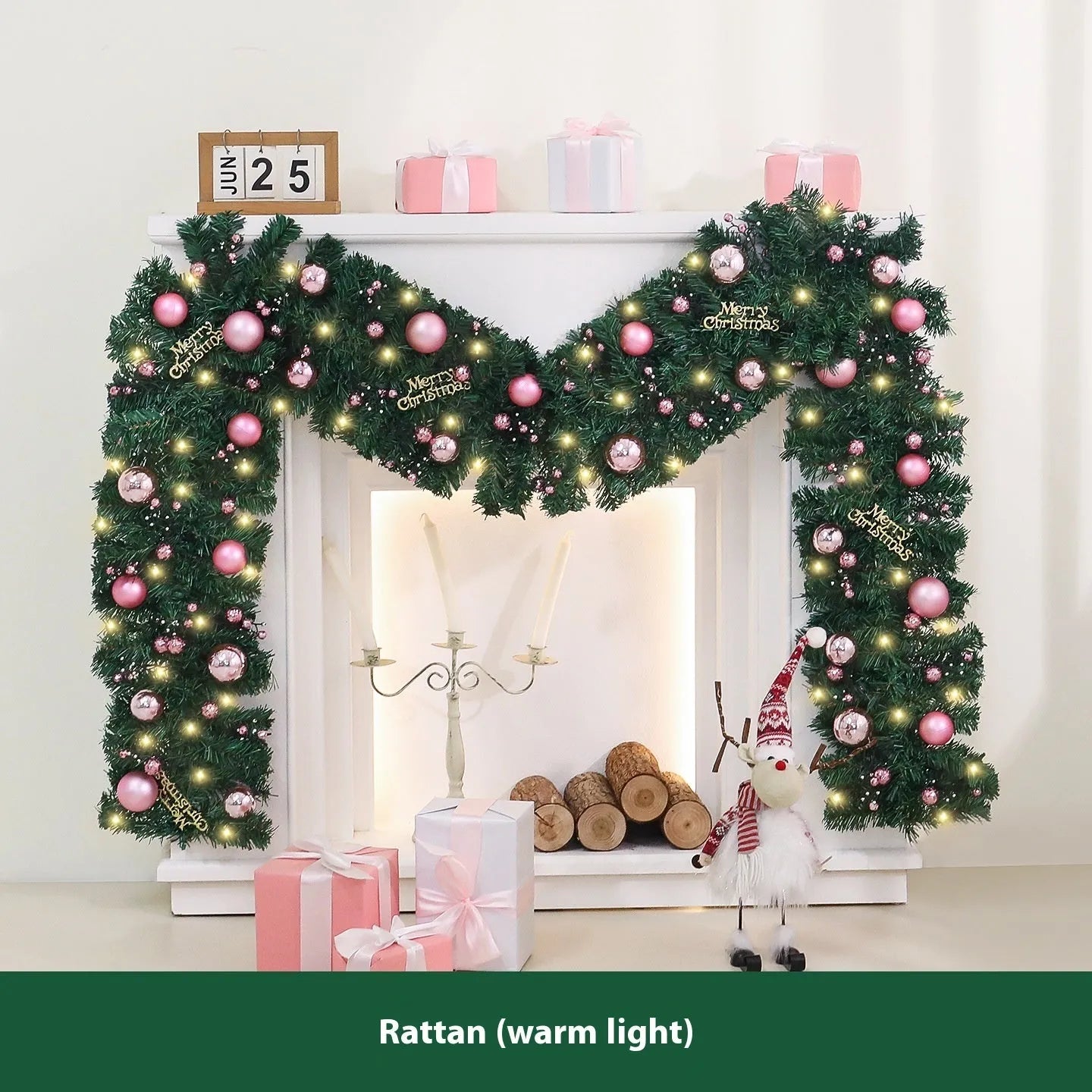 Pink artificial Christmas rattan vine decoration measuring 2.7 metres long with 240 decorative heads