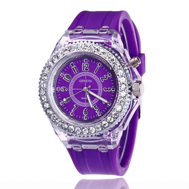 Women's LED luminous quartz watch with round 43mm dial and silicone strap in various colours