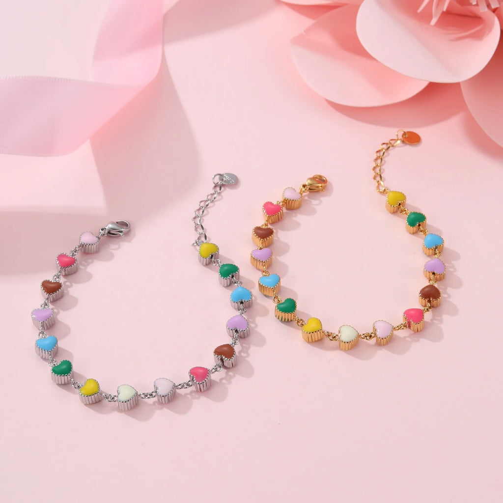 Women's stainless steel bracelet with colourful oil heart pendant on 32cm chain