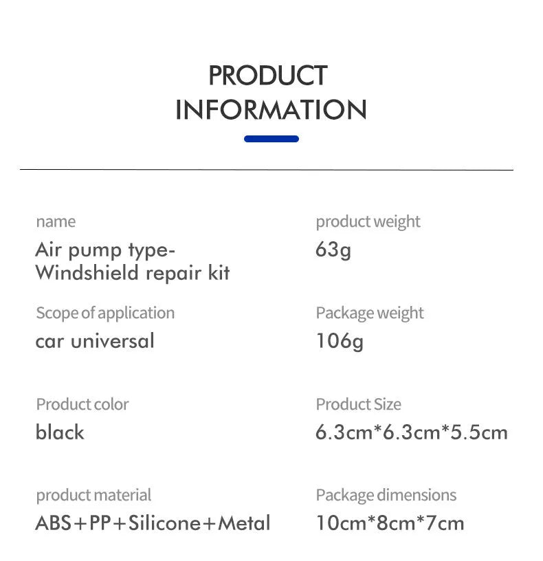 Car windscreen crack repair kit with plastic applicator and broken glass corrector for DIY windshield fixes