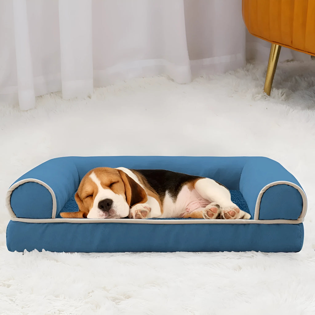 Square blue cloth dog bed with sponge filling, shown in a home setting.