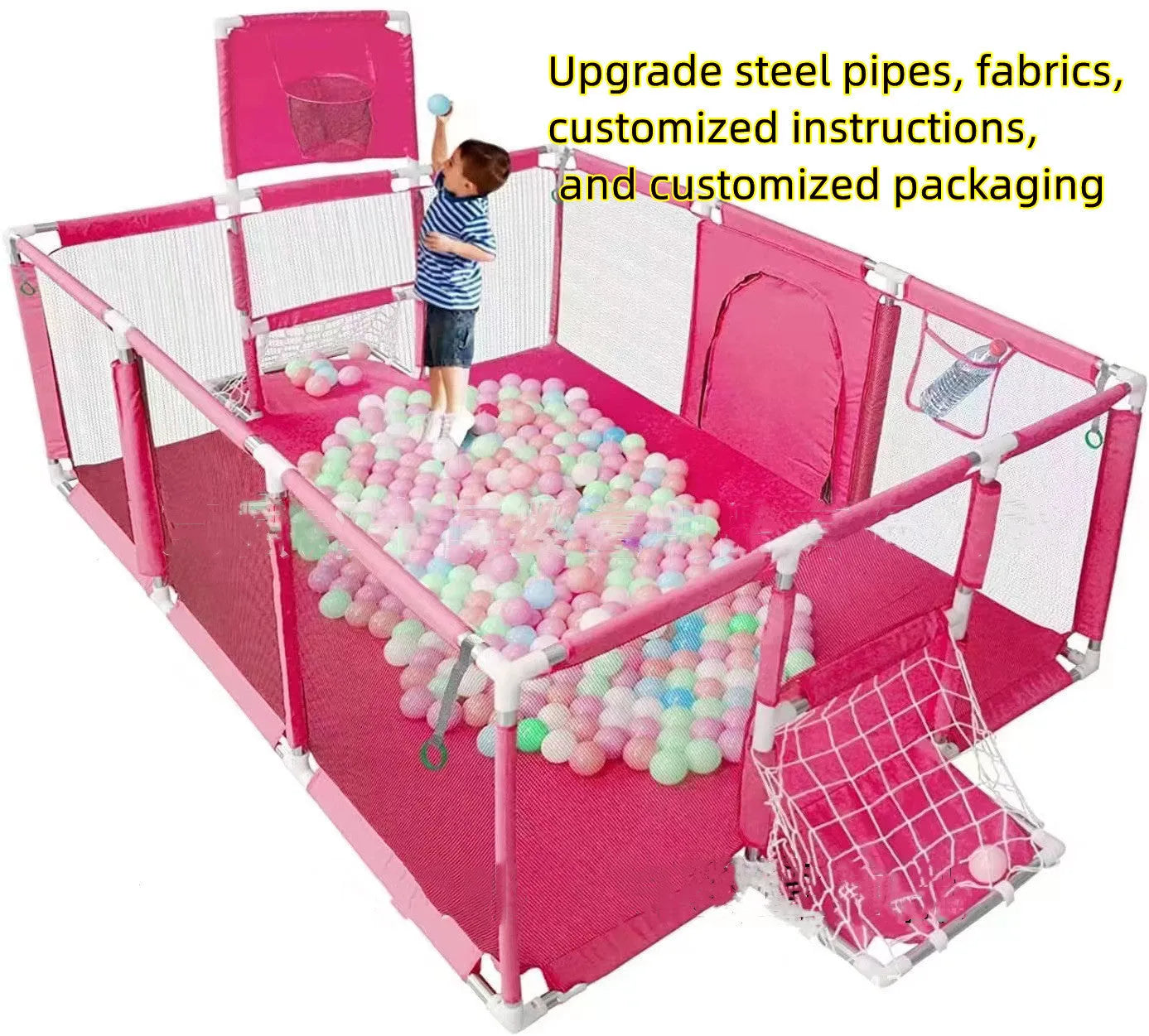 Children's tent playpen with Oxford cloth fence and stainless steel frame in dark grey, 1.22x2.3x1.05m, for indoor play
