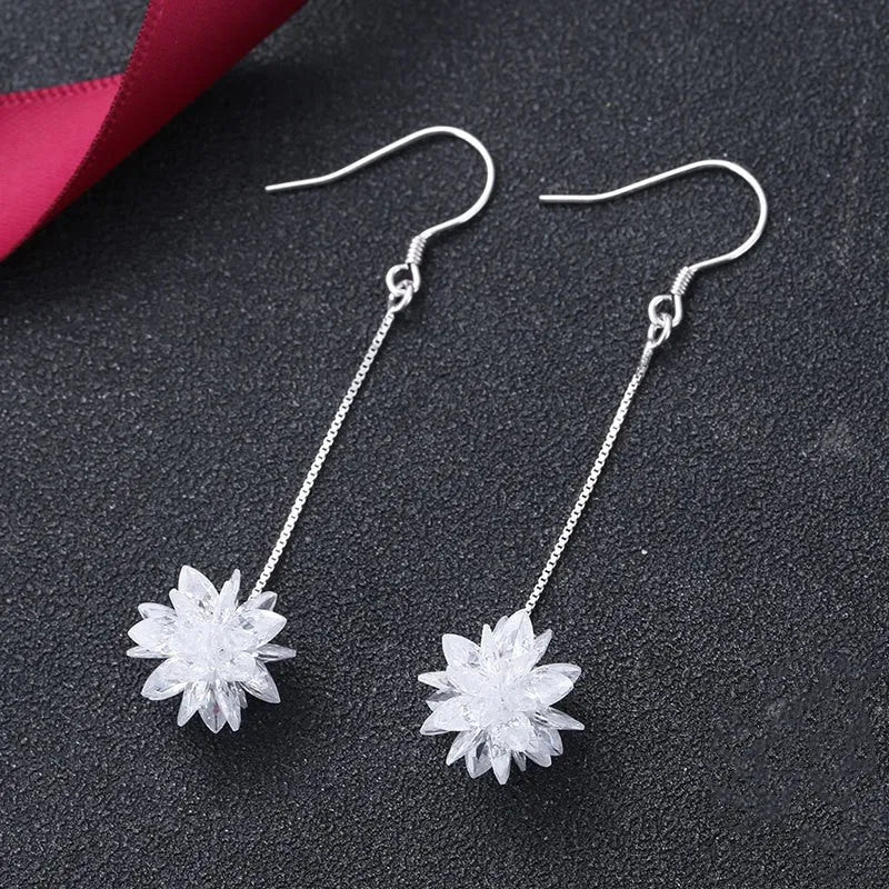 S925 sterling silver ice flower long hook earrings in platinum colour with line detailing