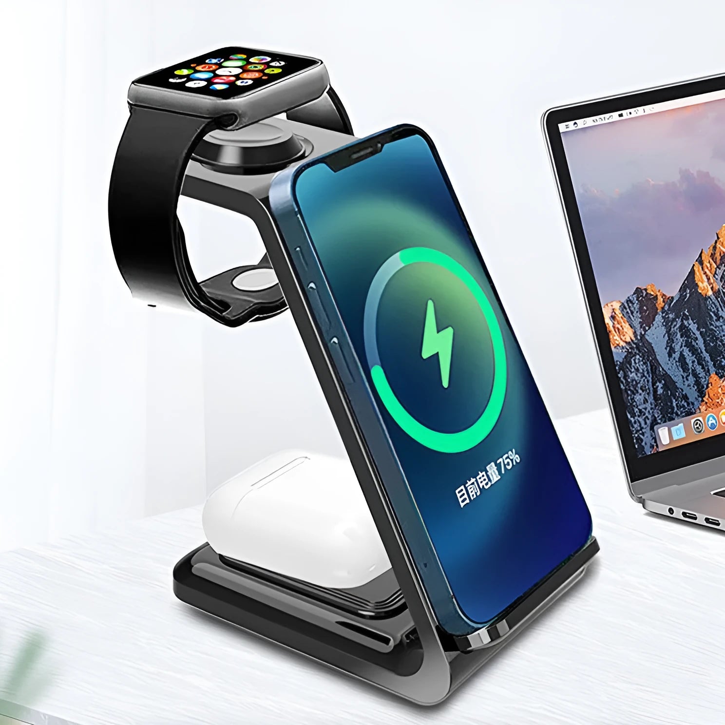 White upright wireless phone charger stand with dual coil technology and Type-C cable