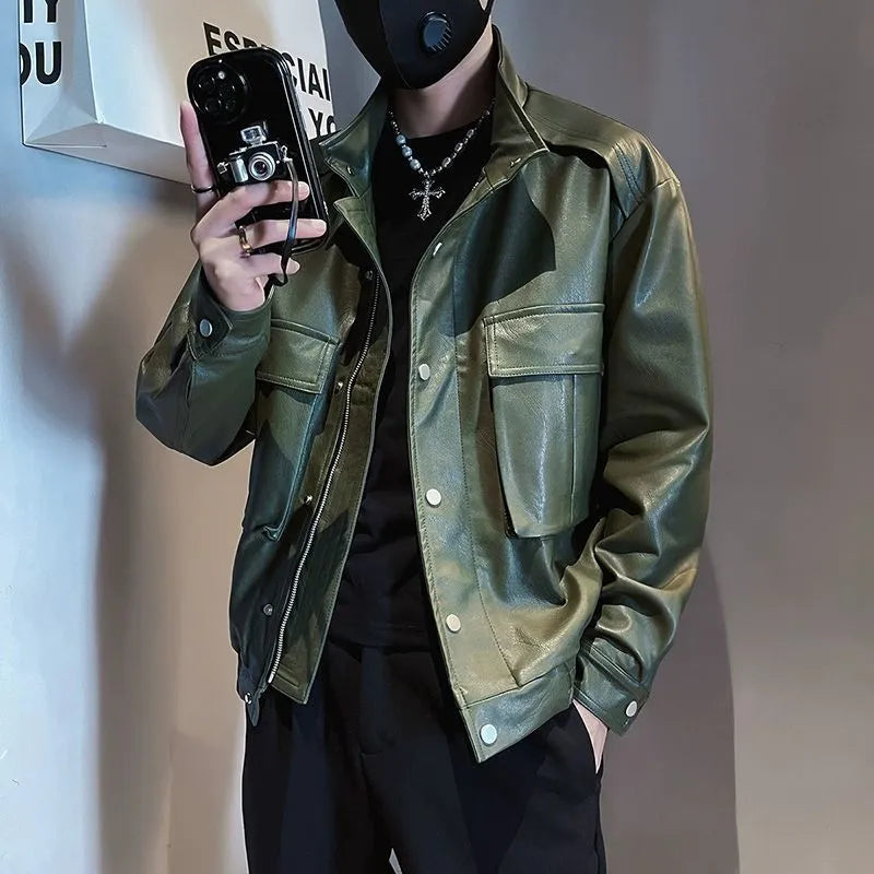 Men's black Korean-style PU leather jacket with straight hem and side pockets.