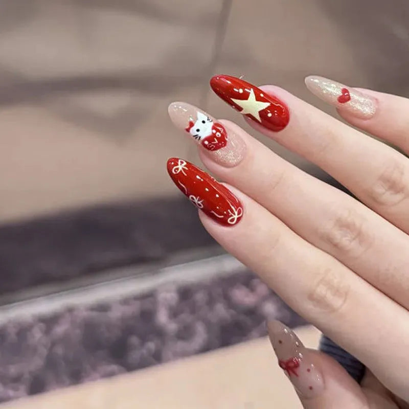 Press-on false nail kits showing multiple sets with assorted colours and adhesive tabs