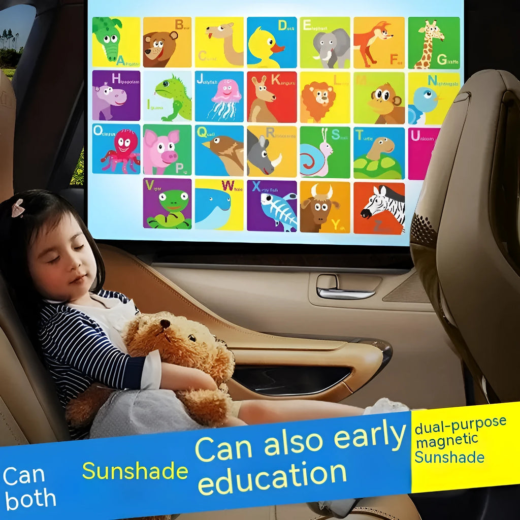 Retractable magnetic car sunshade with silver coating and cartoon animal letter patterns