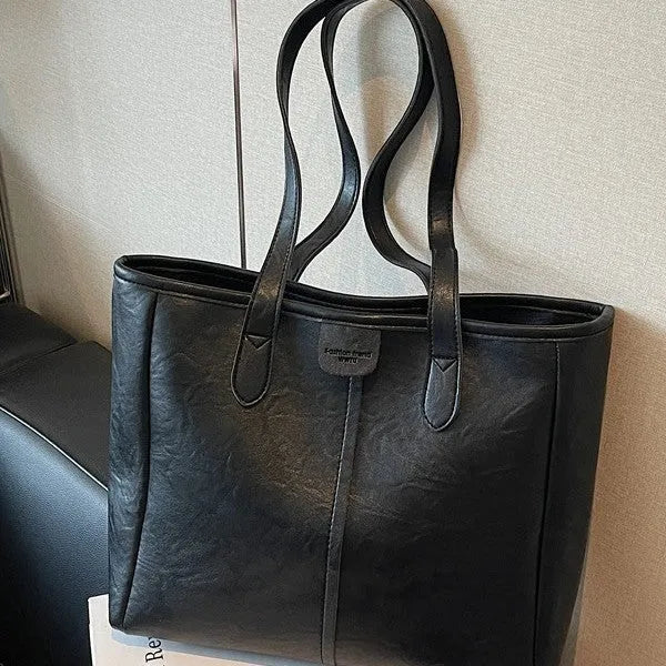 Women's large capacity PU shoulder bag in black with double straps, 37cm top width, 29cm height