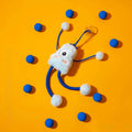 Blue telescopic elastic rope cat toy with plush ring and bell measuring 30cm by 30cm