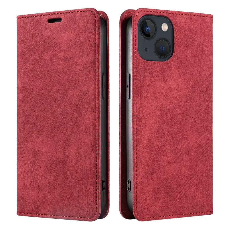 Magnetic flip phone case for iPhone in black, showing TPU frame and leather cover.
