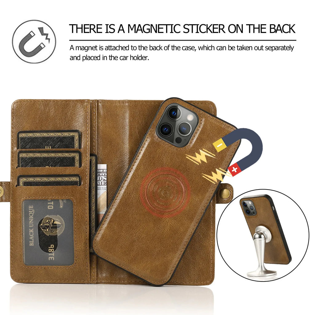 Flip card wallet phone case with magnetic suction for iPhone 13 14 15 16 series in 258 Black