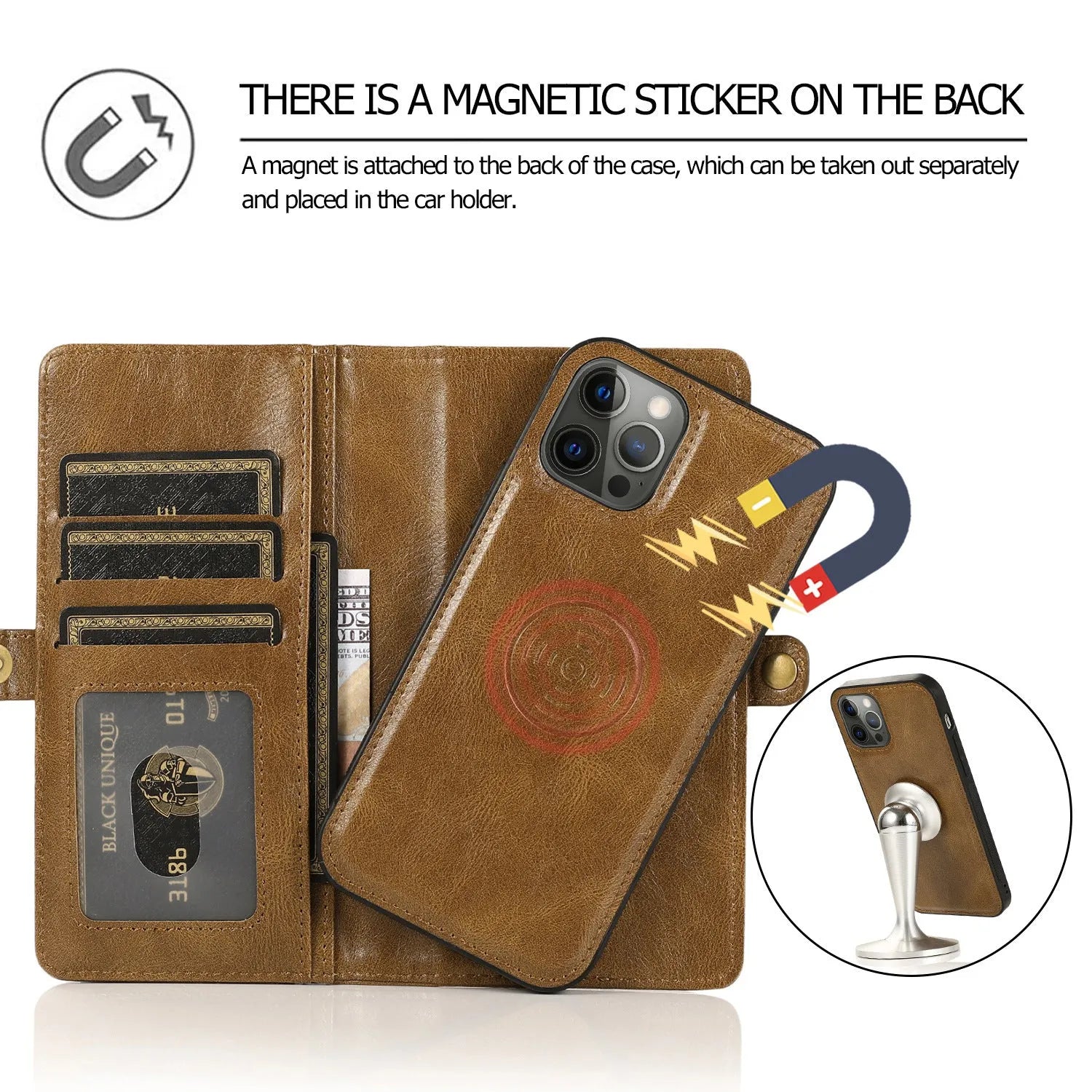 Flip card wallet phone case with magnetic suction for iPhone 13 14 15 16 series in 258 Black