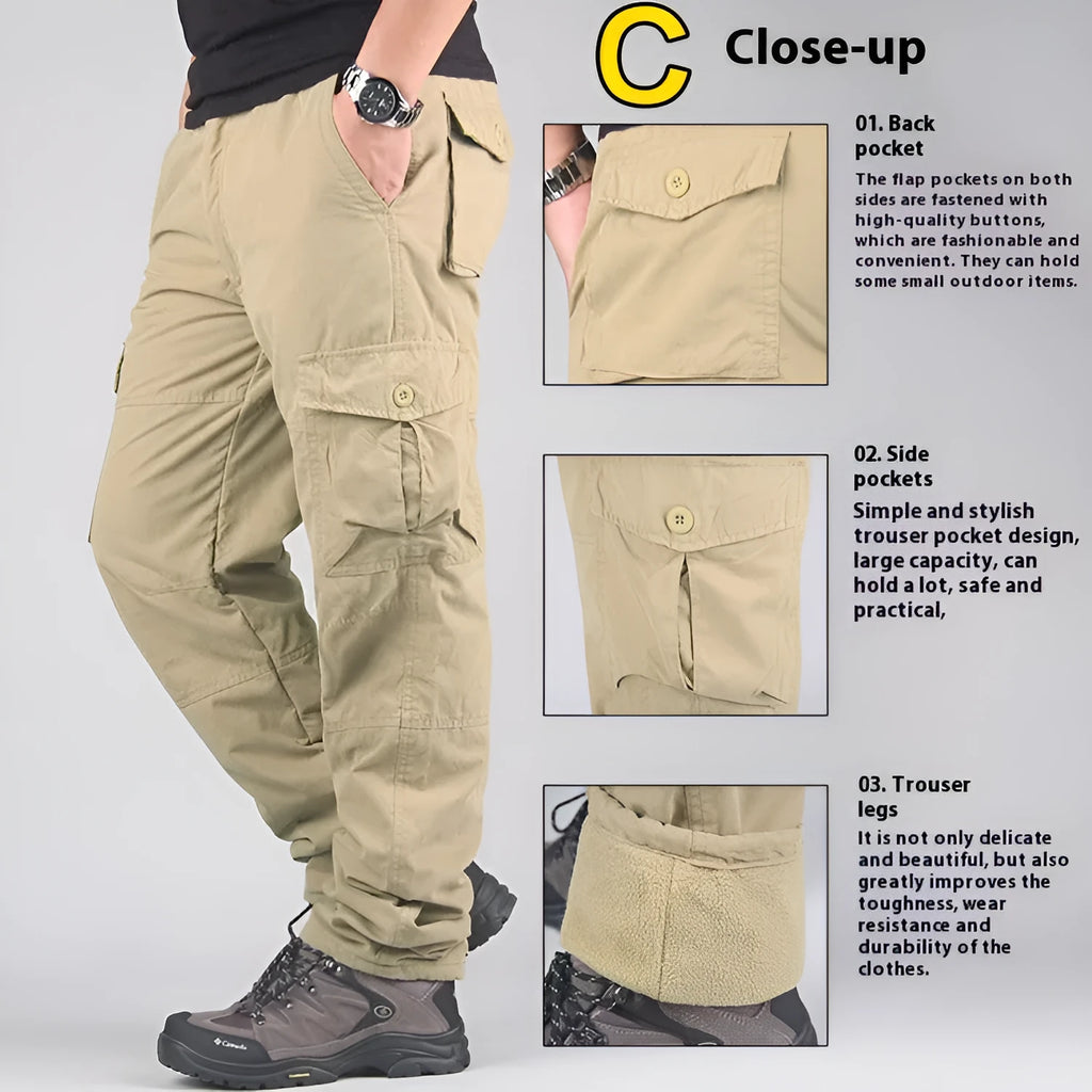 Men's stone-washed cotton overalls with wool lining in loose straight-leg fit, shown in khaki colour