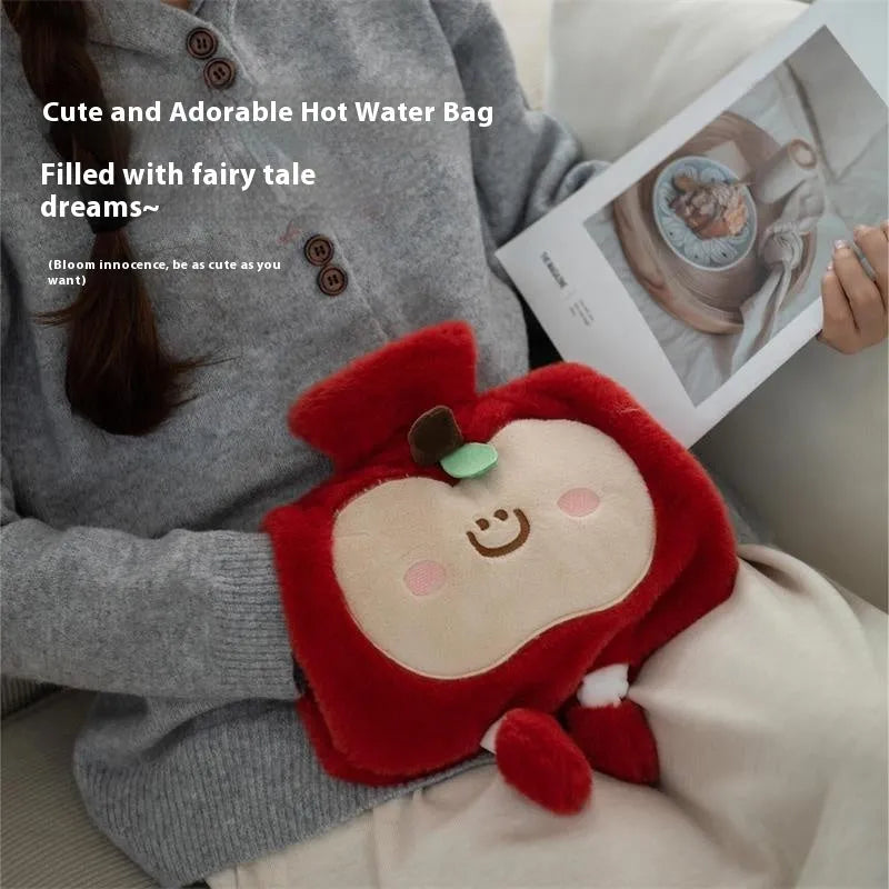Cute cartoon hot water injection bag in Apple Red and Apple Green, 2000ml capacity, high-density PVC