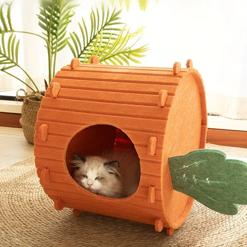 A soft grey felt cat tunnel nest shaped like a carrot, shown in a semi-enclosed tunnel design.